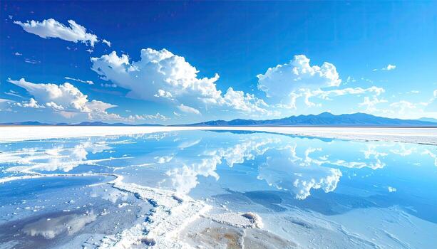 Pristine salt flat reflecting a vast, cloud-filled sky photo