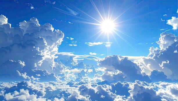 un vibrante, Angulo alto ver de un vasto, lleno de nubes cielo, bañado en luz de sol foto