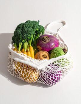 Reusable mesh bag filled with fresh vegetables photo
