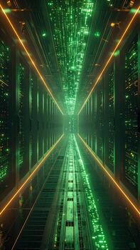 Futuristic server tunnel, glowing green and orange photo