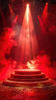Red stage podium illuminated by spotlights photo