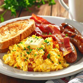 A plate of breakfast with scrambled eggs, bacon, sausage, and toast. Butter atop the eggs photo