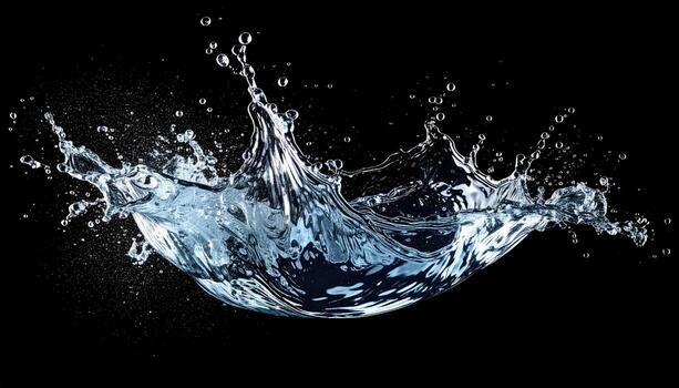 Water splash, a dynamic burst of liquid against a black background. A whimsical, fluid form of water droplets, creating an intricate pattern of splashes and ripples photo