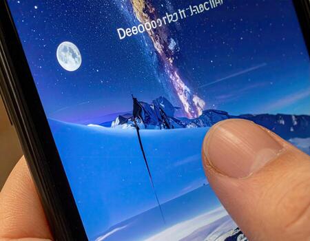 A hand touches a smartphone screen displaying a night sky landscape with a mountain peak photo