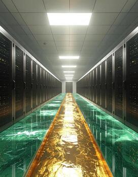 Gold-lined server room corridor. High-tech, futuristic photo