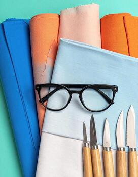 Stacked fabric rolls, eyeglasses, and carving knives on a teal background photo