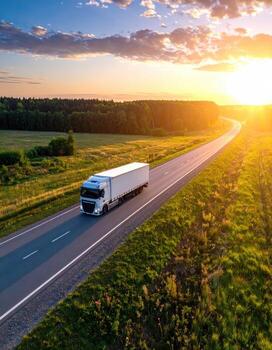 White semi-truck on a highway at sunset, fields and trees photo