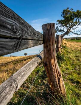 de madera cerca enviar y carril en contra un vibrante azul cielo. un ángulo bajo de cerca ver muestra el resistido textura de el madera y un sección de el cerca línea. un soltero árbol es visible en el antecedentes. verde césped y un sutil Pendiente son visible a lo largo el F foto