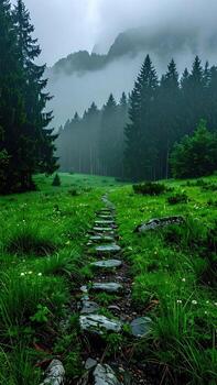 Misty mountain path through a lush green forest. A stone pathway winds through a meadow photo
