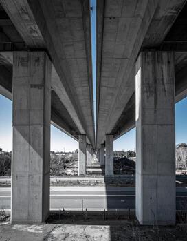 Underneath a highway overpass, concrete pillars photo