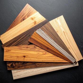 Assorted wood planks in various shades and grain patterns, arranged on a dark slate surface. Different hues of brown, light beige, and gray. Lumber samples. Top down view photo