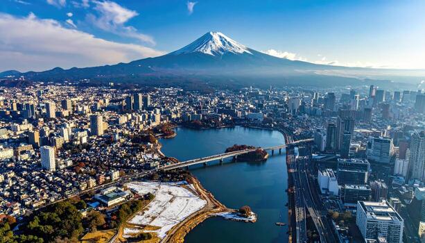 Panoramic view of a Japanese city with Mount Fuji photo