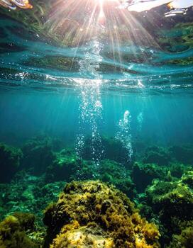 Underwater scene with sunlight rays piercing the surface photo