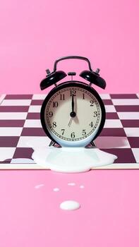 A black alarm clock sits atop a chessboard, with melting milk pooling around it on a pink surface photo