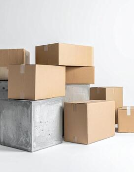 cartulina cajas apilado en gris hormigón bloques en contra un blanco antecedentes foto