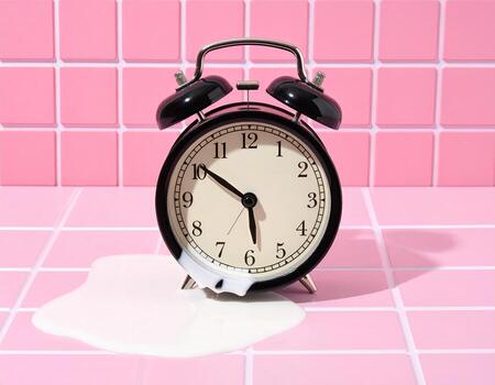 A black alarm clock sits on a pink tiled floor, a spill of milk beneath it photo