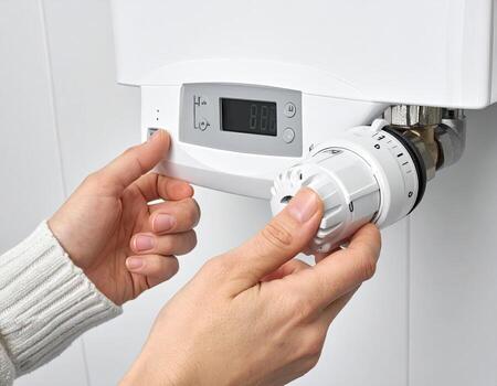 Close-up of hands adjusting a thermostat on a modern white boiler photo