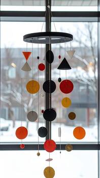Colorful geometric mobile hangs from window photo