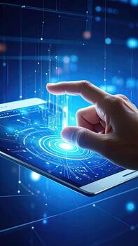 A hand interacts with a tablet's glowing interface, highlighting digital data and circuitry. Abstract, futuristic, and vibrant, showcasing technological advancement photo
