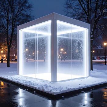 A white cube structure, bathed in soft white light, sits in a snowy urban park at night. The cube's glass panels are clear, reflecting the surrounding scene. Snow blankets the ground, and the reflections of light and snow are visible on the pavement photo