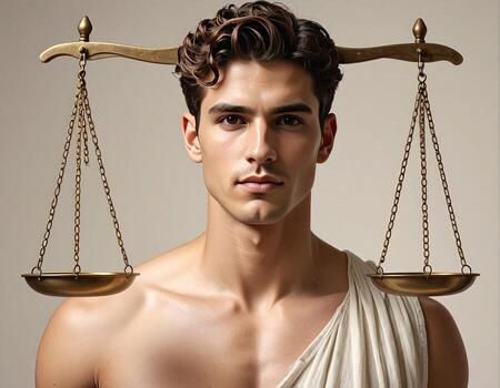 Man with antique scales on head, studio portrait photo
