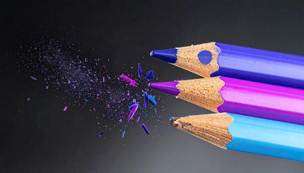 Close-up of three vibrant colored pencils, purple, blue, and violet, with shavings and graphite dust exploding outwards photo