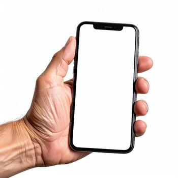 A hand holds a smartphone with a blank screen against a white background. The phone is rectangular and dark gray, and the hand is visible around its edges. The screen is a bright, empty white space photo