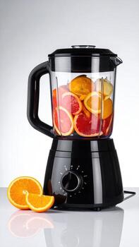Black blender filled with sliced citrus fruits photo