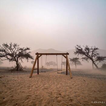 A solitary wooden swing set in a dusty desert landscape. A light haze blankets the scene, emphasizing the stillness and vastness of the arid environment. Bare, leafless trees flank the swing set, further highlighting the desolate atmosphere. The path a photo