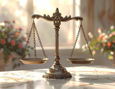 Ornate antique-style balance scales on a marble surface, bathed in sunlight streaming from a window, with blurred floral arrangements in the background photo