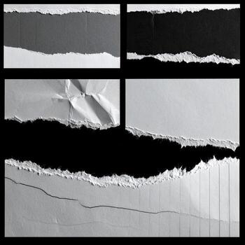 cuatro rasgado piezas de papel en un negro antecedentes. varios sombras de gris papel, Rasgado bordes, y arrugado papel texturas foto