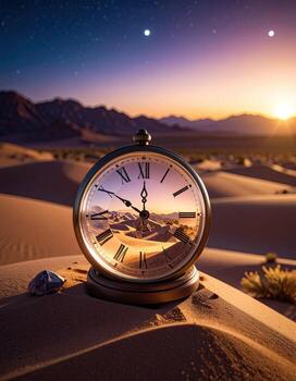 Time stands still in the desert sands. Sunrise over dunes reflects in antique clock photo
