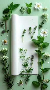 Fresh herbs and flowers arranged around a rolled-up sheet of white paper on a mint green background photo