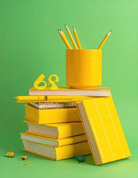 Stack of yellow notebooks and pencils on a vibrant green background photo