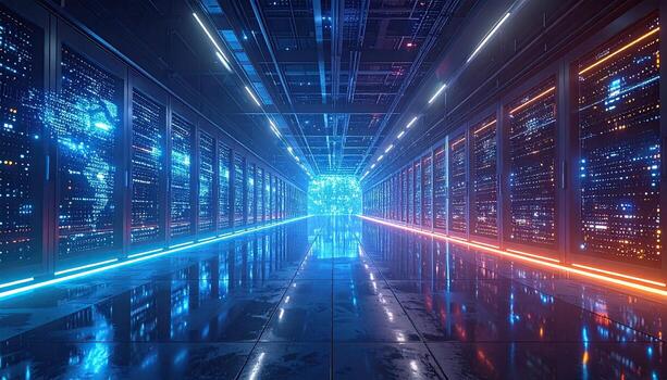 Futuristic server room, glowing neon, reflected photo