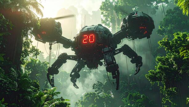 Futuristic robot in a dense jungle photo
