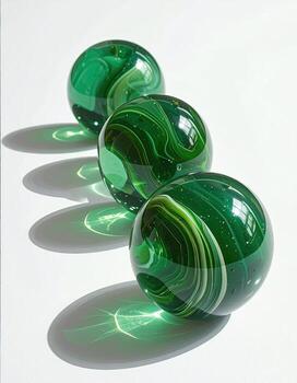 Three glossy, emerald green marbles, arranged in a straight line against a bright white background. Intricate swirling patterns of lighter green and white create a marbled effect within each sphere. Distinct, elongated shadows are cast beneath each marb photo
