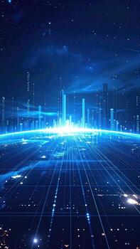 Futuristic cityscape on a glowing planet. A digitally rendered, vibrant blue, high-tech metropolis stretches across a spherical planet. Lines of light and data streams connect the city to the world. A sense of futuristic energy and technological advanc photo