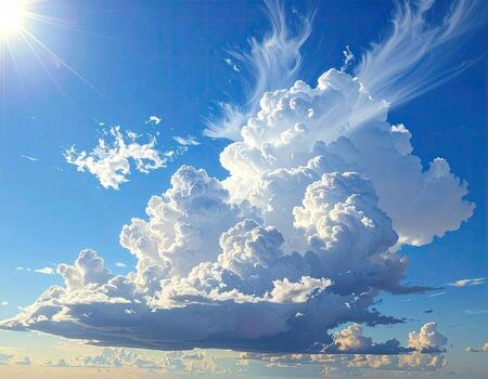 Dramatic cumulus clouds against a vibrant blue sky. A large, fluffy cumulonimbus cloud dominates the center, with lighter, wispy clouds around it. A bright sun is visible in the upper left corner photo