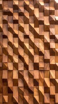 de cerca ver de un pared hecho de madera bloques en un repitiendo, enclavamiento modelo. el bloques son ligero marrón, y su bordes y facetas crear un texturizado, dinámica superficie foto