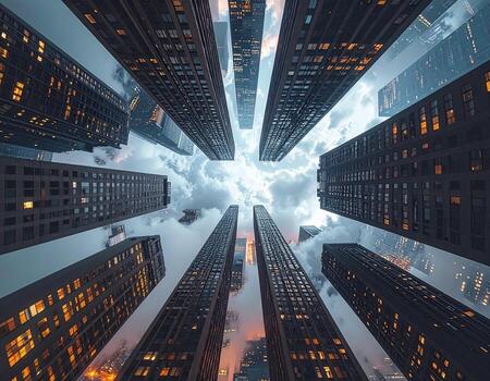 Low-angle view of skyscrapers reaching towards a cloudy sky at twilight. City lights illuminate windows of tall buildings photo