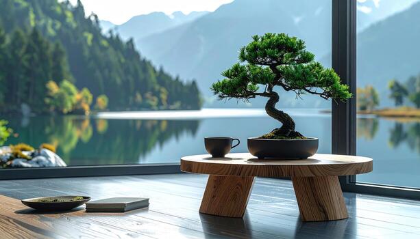 Tranquil mountain lake view with bonsai photo