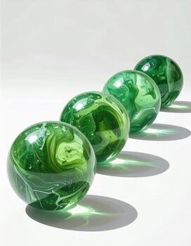 Five vibrant green, translucent spheres in a horizontal row, subtly swirled patterns photo