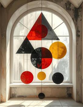 Geometric shapes, red, black, and gold, are suspended in a window frame photo