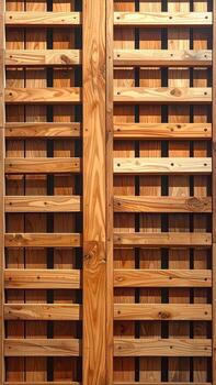 Close-up of a light brown wooden slatted wall or fence. Vertical and horizontal wooden slats create a grid pattern. Dark metal fasteners are visible photo