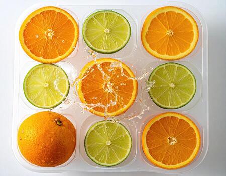 Citrus slices arranged in a plastic container, with water splashing amongst them photo