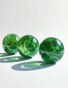 Three vibrant green marble-like spheres on a white surface, casting shadows. The spheres have swirling, marbled patterns of light and dark greens, with hints of other colors. They are glossy and reflective, catching light photo