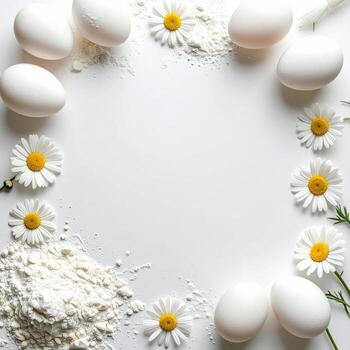 White eggs, flour, and daisies arranged in a circle on a white surface photo
