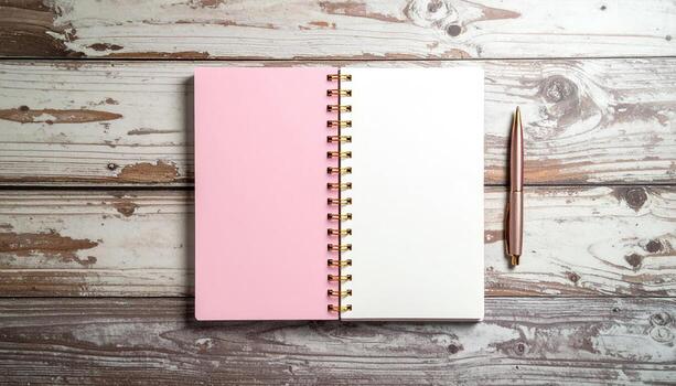 Open spiral-bound notebook, pink and white, on distressed wood photo