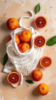 A white mesh bag filled with blood oranges and regular oranges, alongside halved blood oranges and leaves, on a beige surface photo